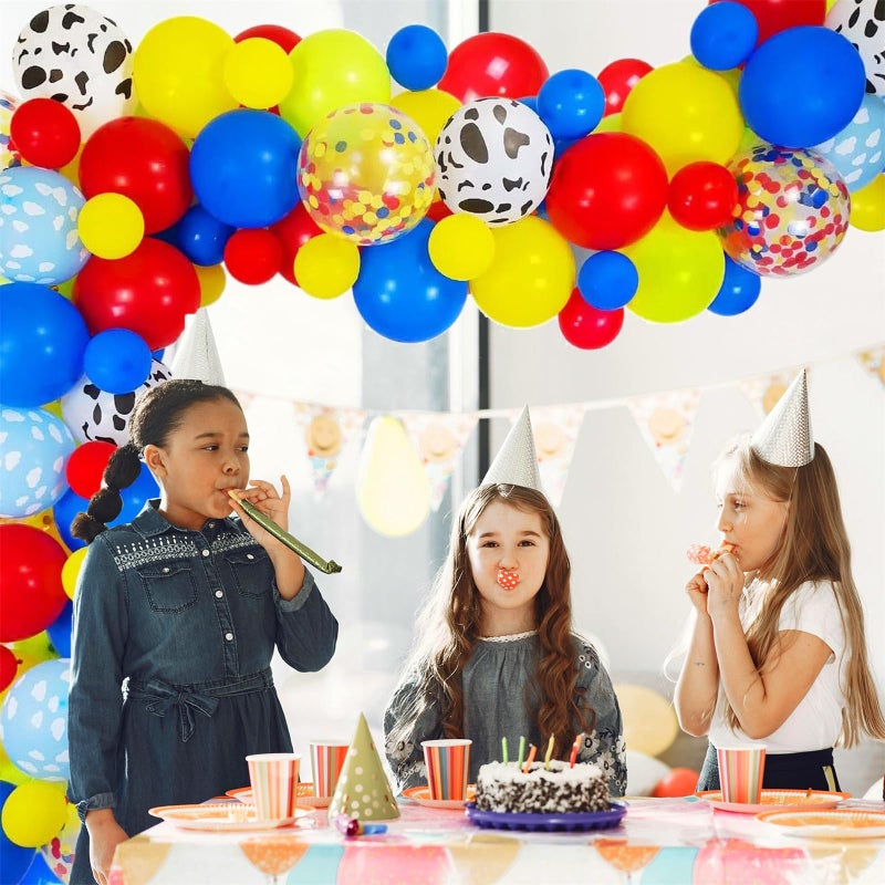 Haptda Toy Inspired Story Balloon Arch & Garland Kit, 85 Pack 12" 5" Cloud Cow Print Balloons Red Yellow Blue Fruit Green Latex Balloons Confetti Balloon Set for Baby Shower Kids Birthday Party Decorations - Image 2